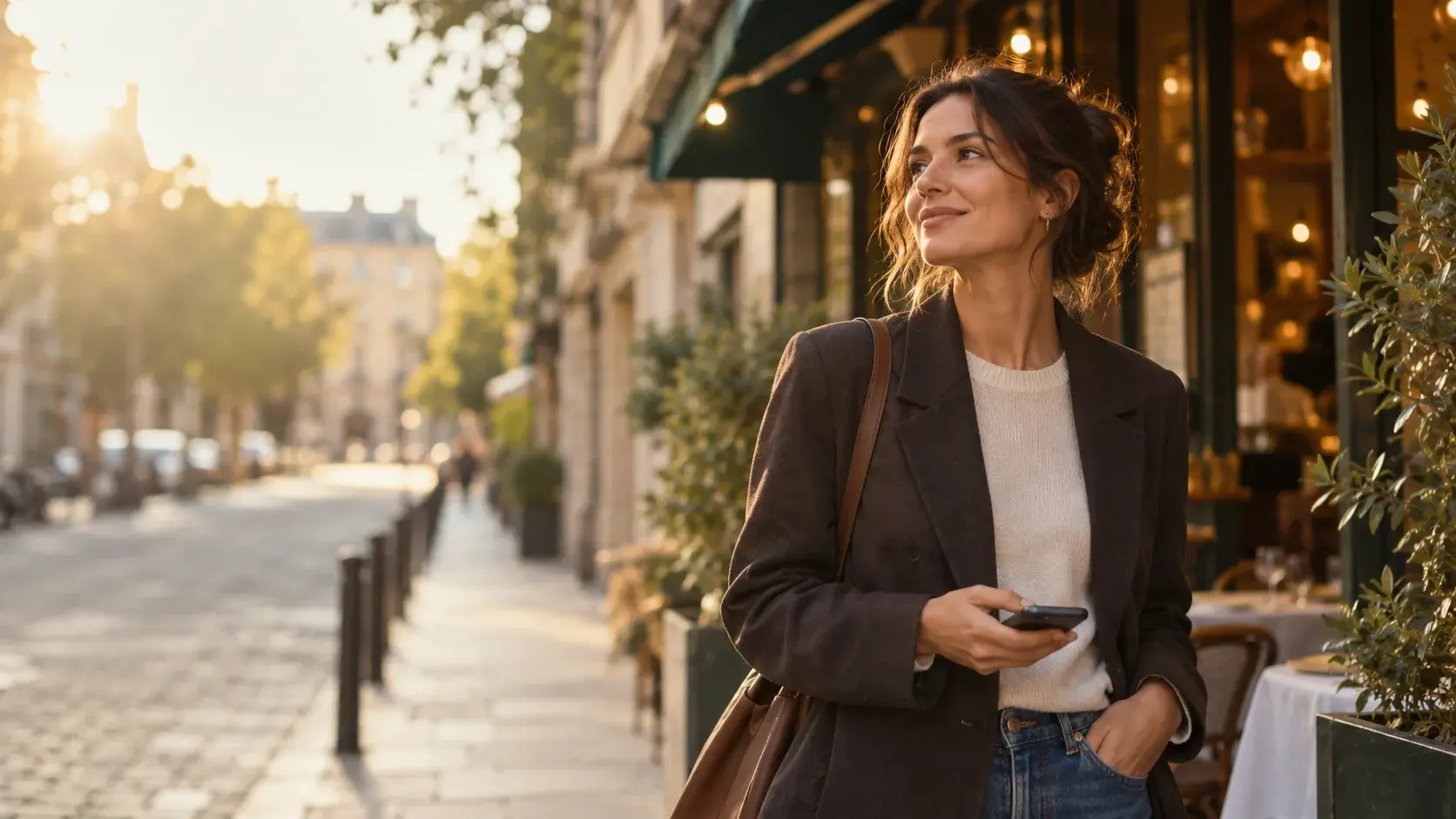 A woman outside a restaurant, relieved to have a call taken care of